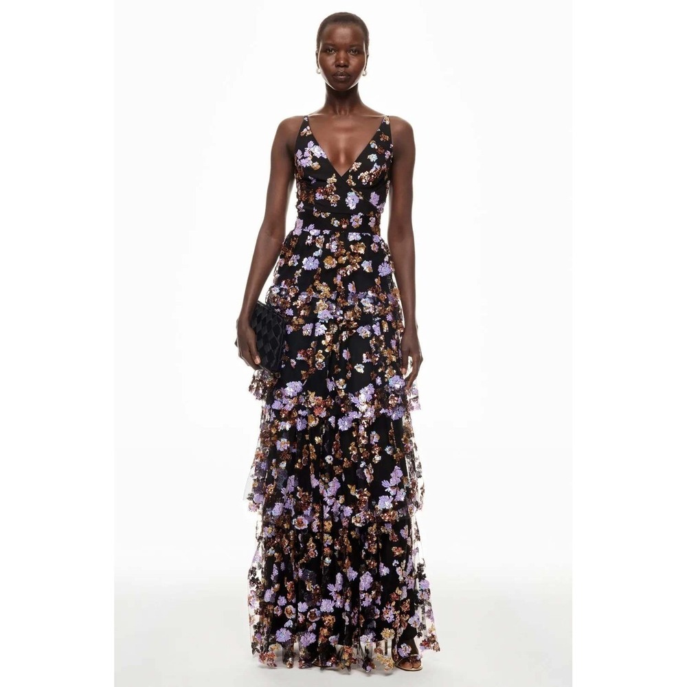 Dress the Population Lorain Black Sequin Floral Tiered Maxi Dress Size Small